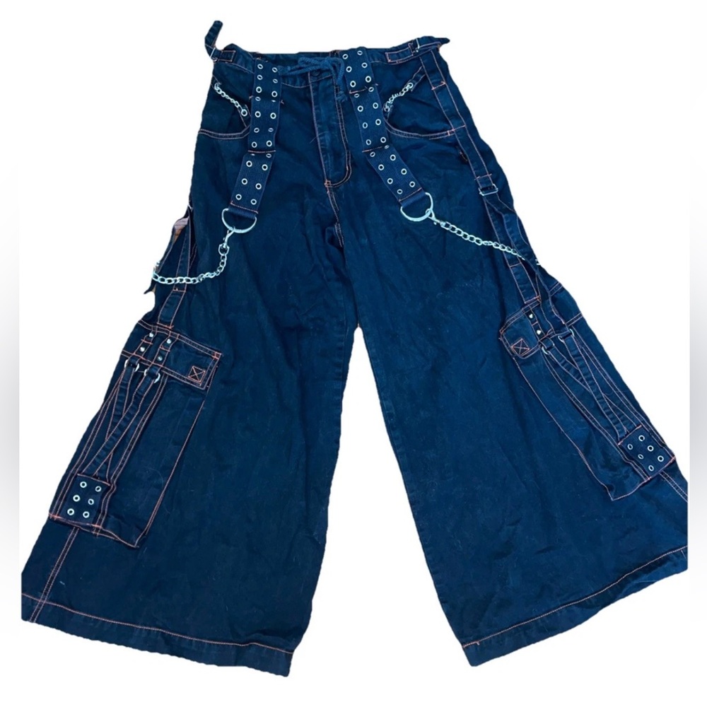 Tripp USA unisex size small‎ skater wide leg high rise black denim orange stitch